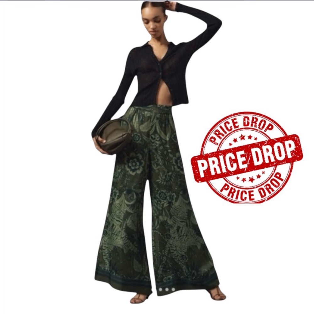 Farm Rio x Anthropologie Black and Green Print Wide-Leg Cut Pants Size Small - Picture 1 of 16